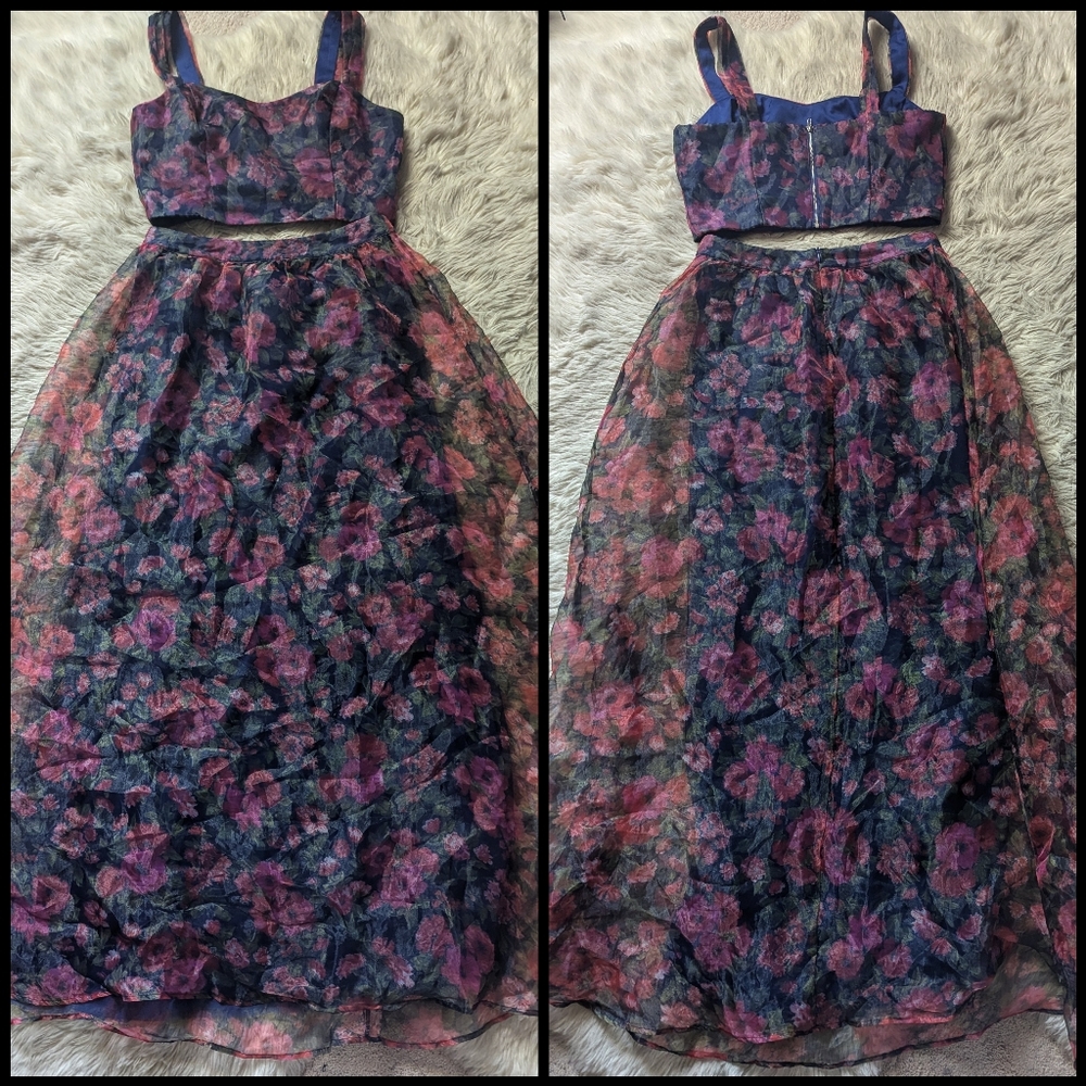 EUC Lulus Exceptional Event Navy Blue Floral Print Two Piece Maxi Dress - Picture 4 of 11